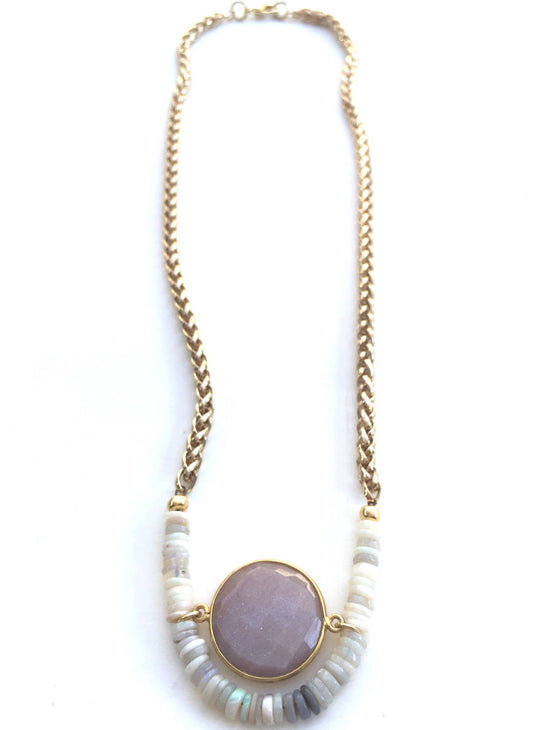 Necklace of Heishi Stones & Gold Plated Bezel on Gold Overlay Rope